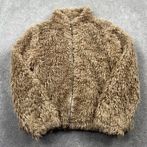 Dylan Los Angeles Womens Fuzzy Faux Fur Zip Up Jacket Brown Medium